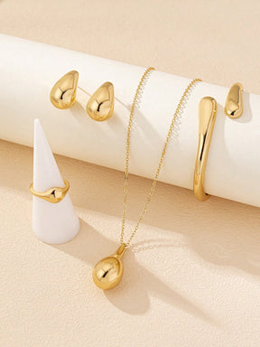 5 Peças Conjunto de Joias Femininas Minimalista Geométrico Gota D'água (Pulseira, Anel, Colar, Brinco)