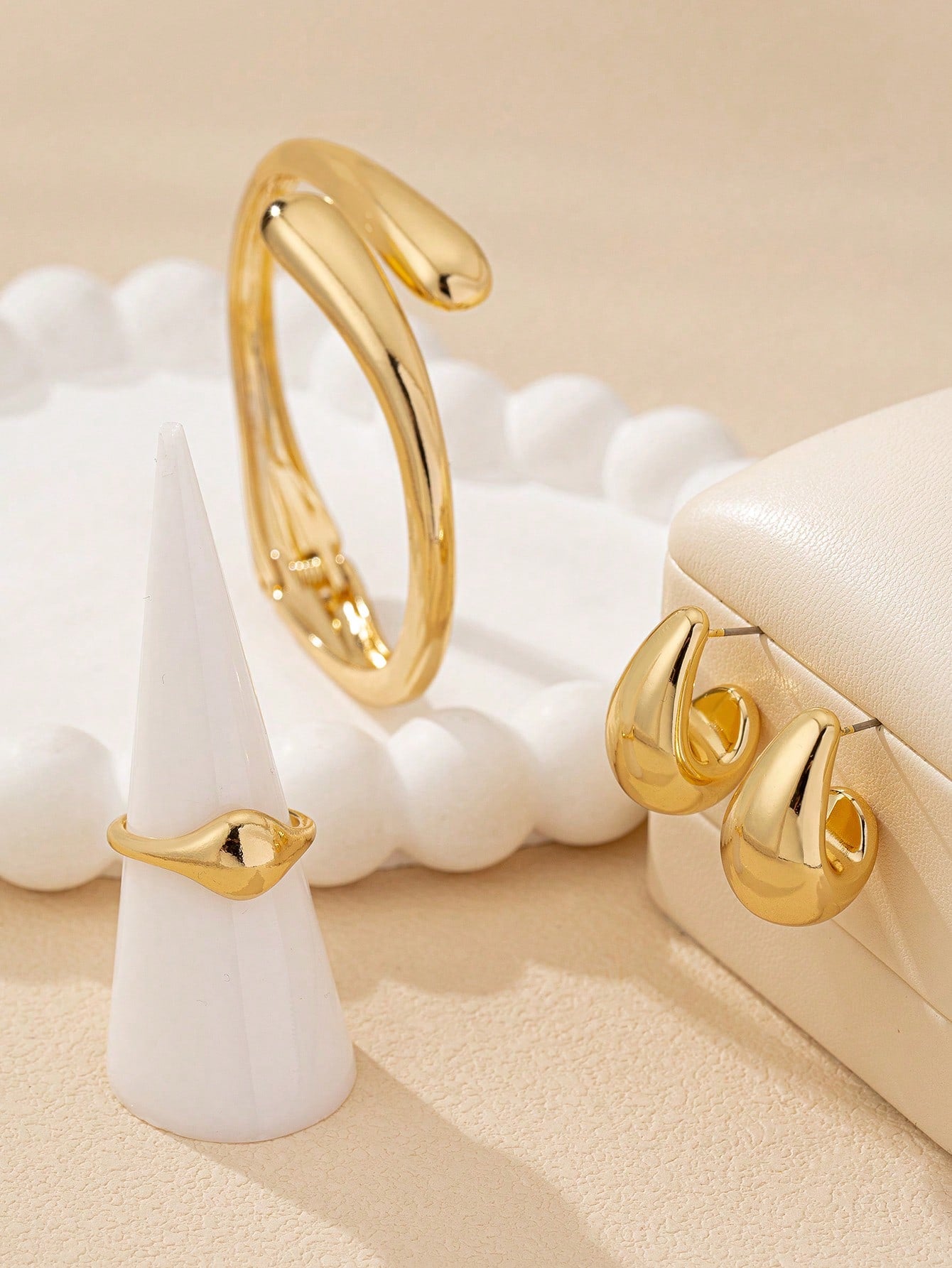 5 Peças Conjunto de Joias Femininas Minimalista Geométrico Gota D'água (Pulseira, Anel, Colar, Brinco)