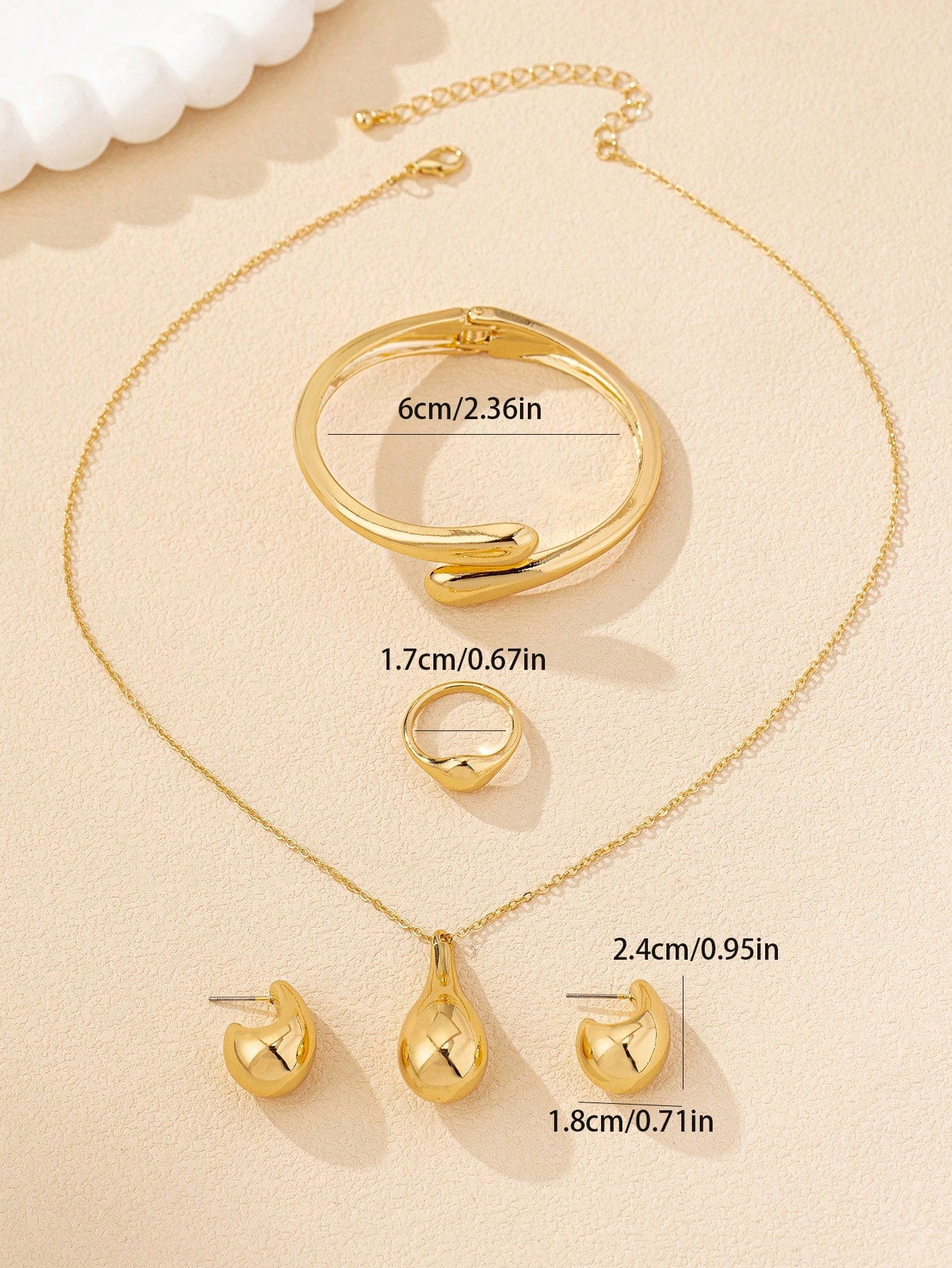 5 Peças Conjunto de Joias Femininas Minimalista Geométrico Gota D'água (Pulseira, Anel, Colar, Brinco)